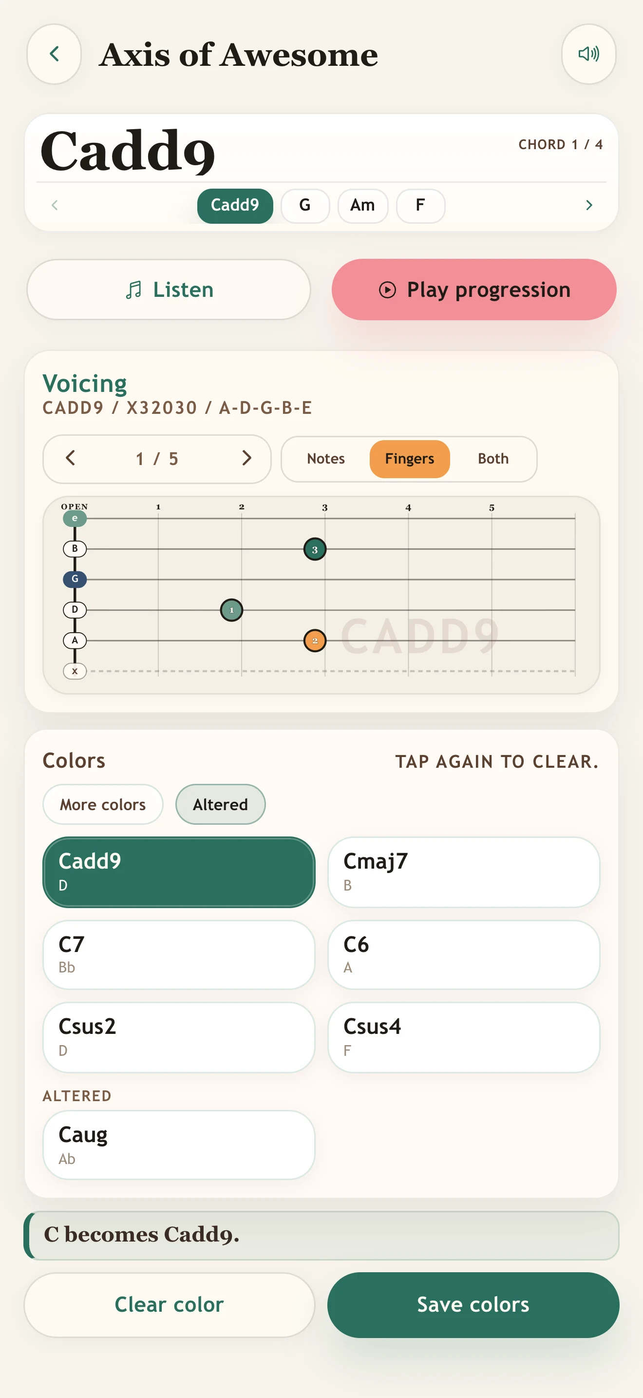 Guitar Chord Colors practice screen with Altered colors expanded.
