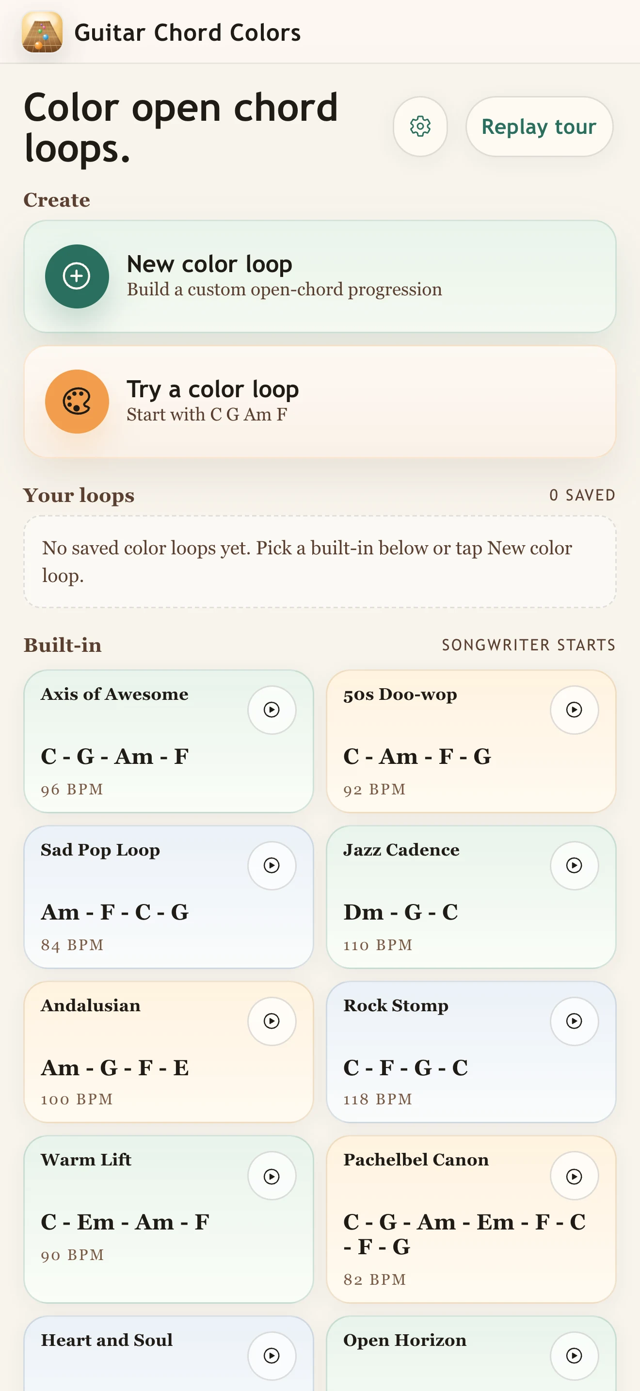 Guitar Chord Colors library showing built-in songwriter loops.