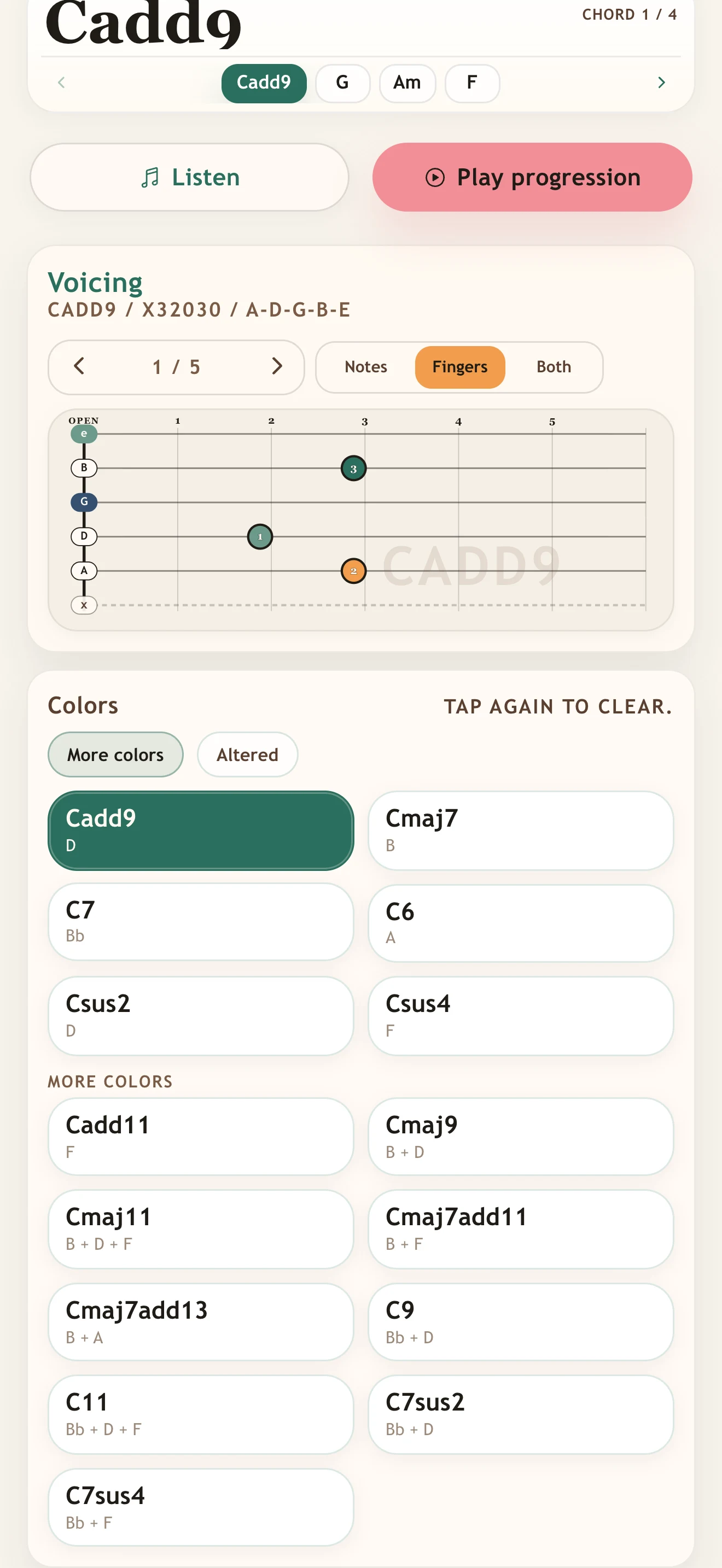 Guitar Chord Colors practice screen with More colors expanded.