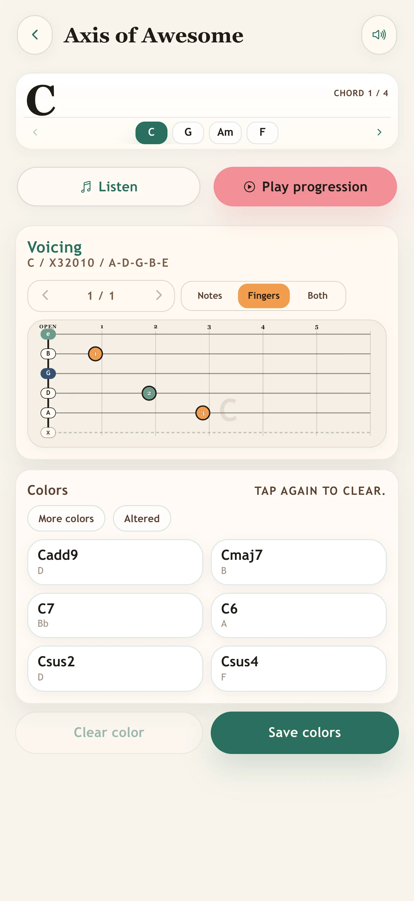 Guitar Chord Colors practice screen with playback controls and the plain current chord.