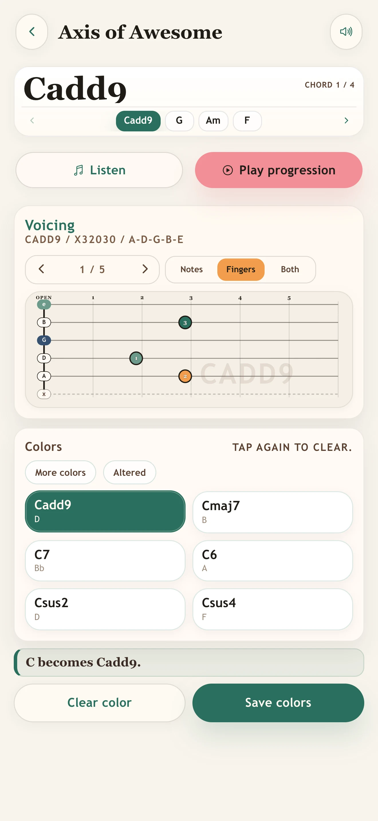 Guitar Chord Colors practice screen showing the Cadd9 suggested grip and fretboard.
